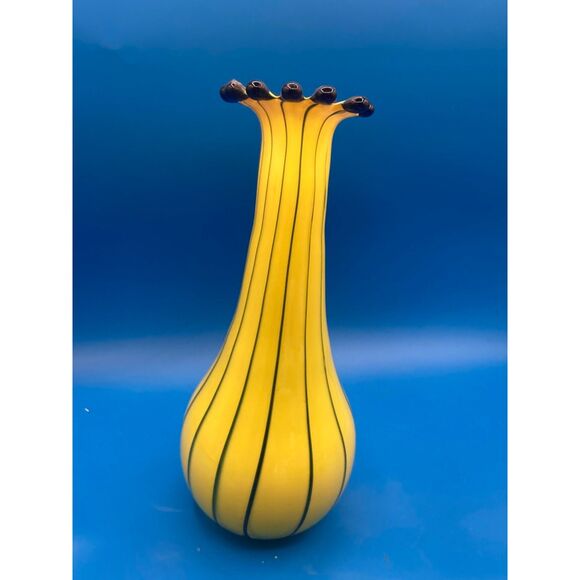 Czech Eastern Art Glass Tall Flower Vase Yellow 12" tall blown blue stripes nibs - Picture 3 of 4